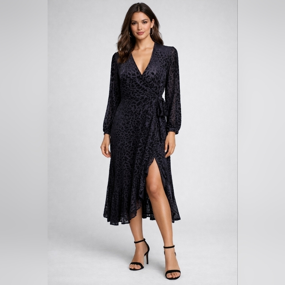 Calvin Klein Black Leopard Print Velvet Chiffon Midi Dress Long Sleeve Slit M. - Picture 1 of 11